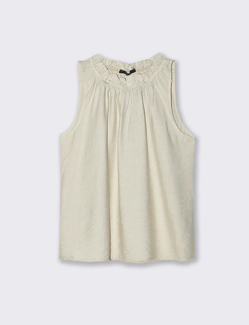 Top in cotone lavato con arriccio sul collo - Beige