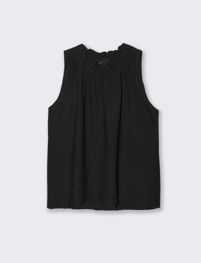 Top in cotone lavato con arriccio sul collo - Nero