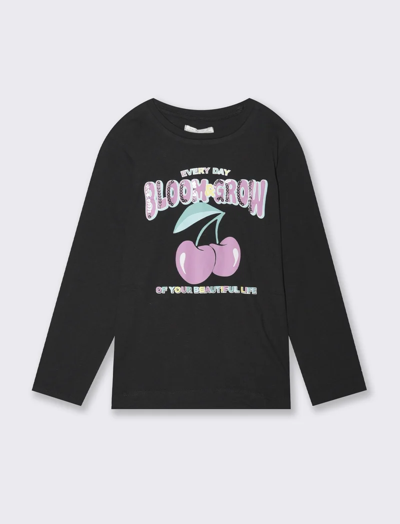 T-shirt manica lunga stampata da bambina - Nero