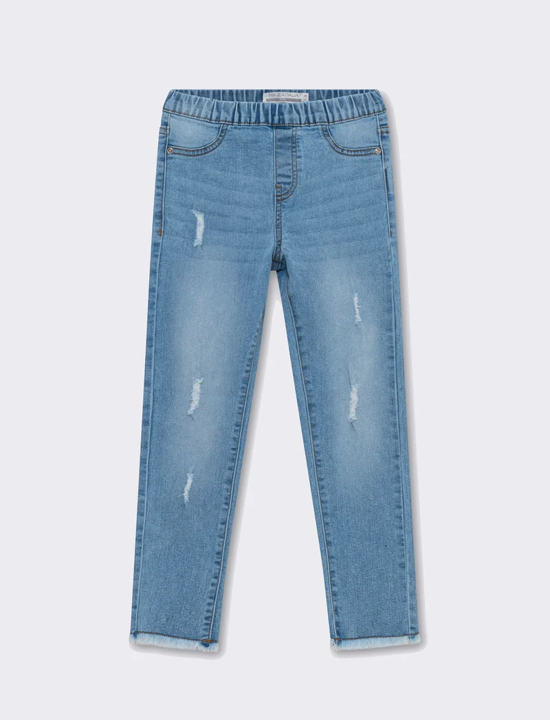 Leggings in denim elastico con rotture da bambina - Denim chiaro