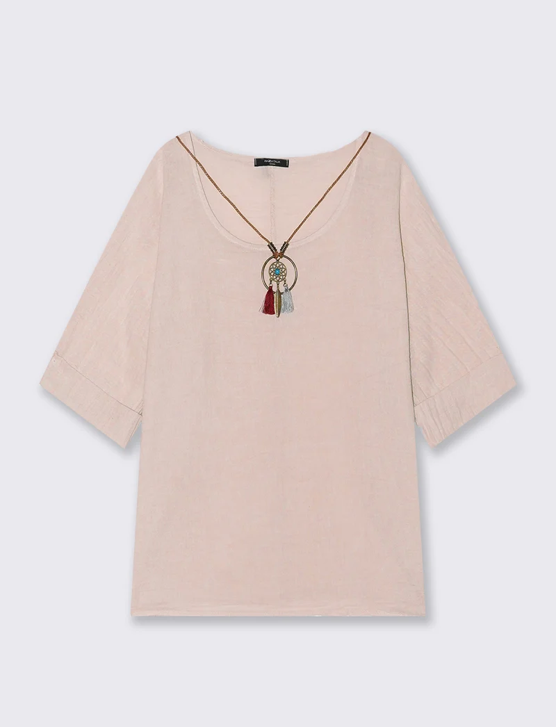 Casacca over con collana in cotone e lino - Rosa