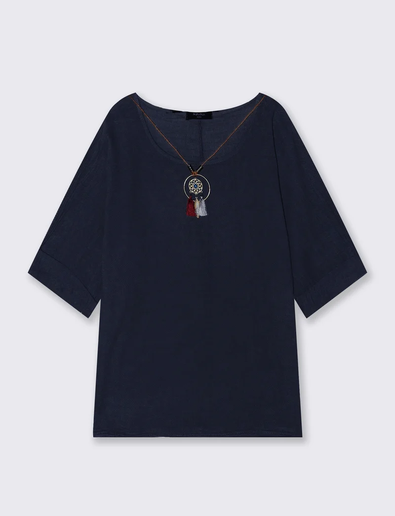 Casacca over con collana in cotone e lino - Blu