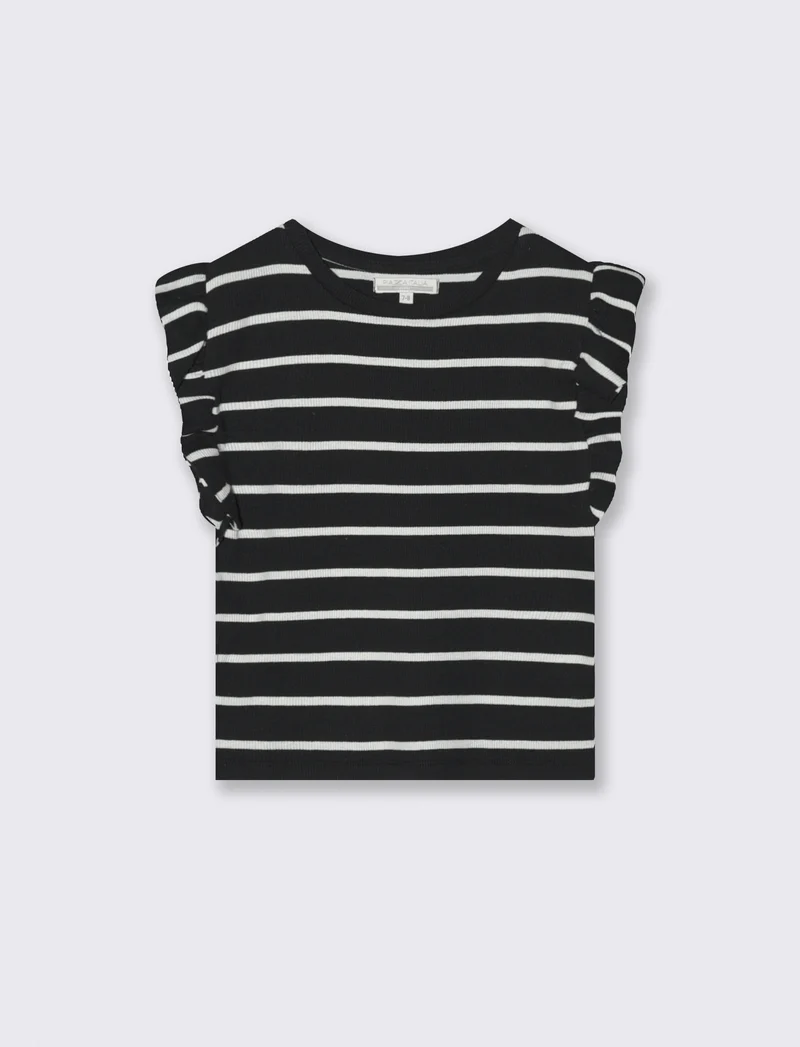 T-shirt da bambina in costina a righe - Nero-bianco