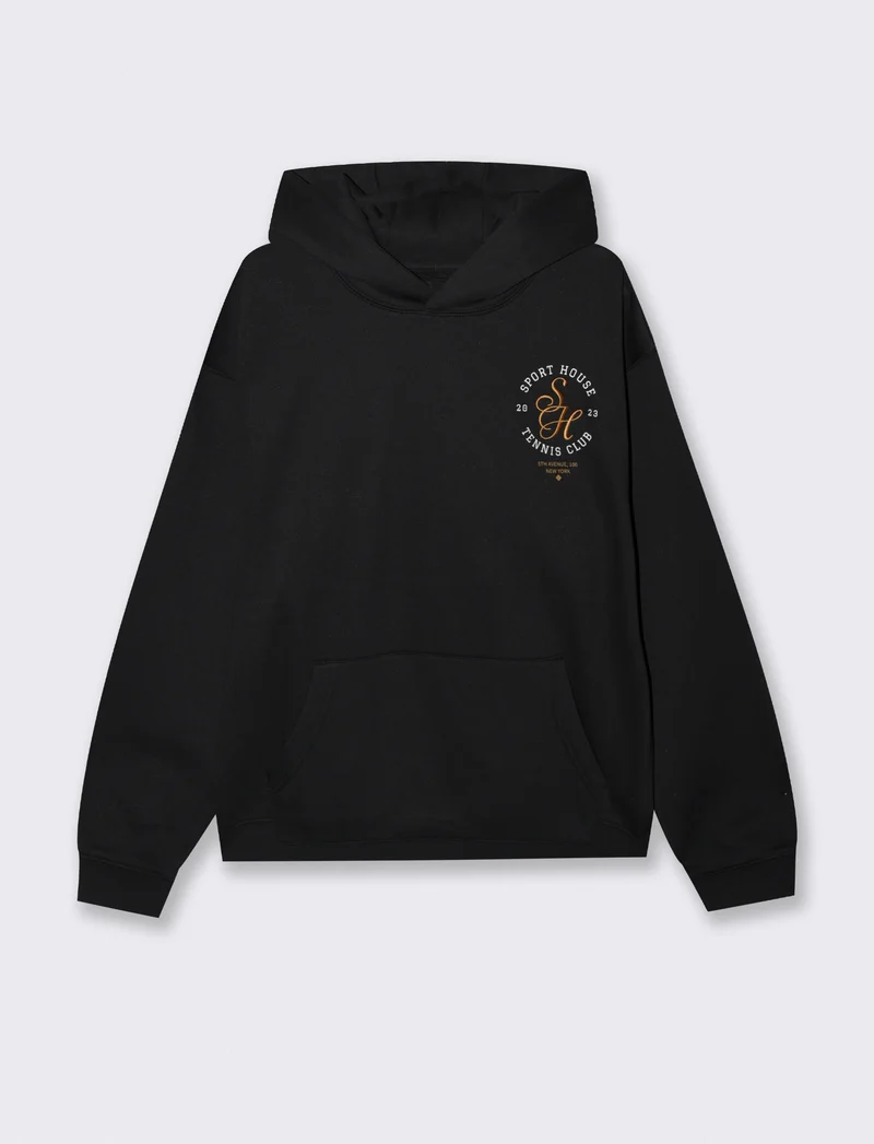 FELPA CON CAPPUCCIO , STAMPE E RICAMI - Nero