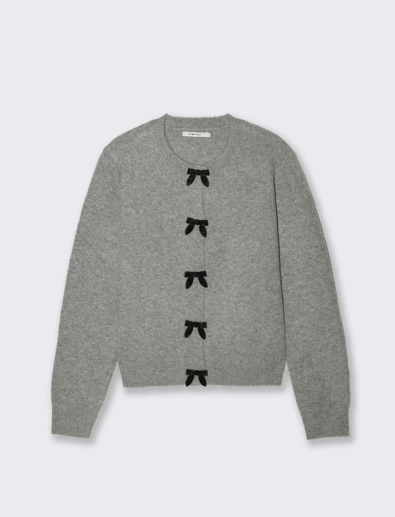 Cardigan Manica Lunga con Fiori e Bottoni - Grigio mel.