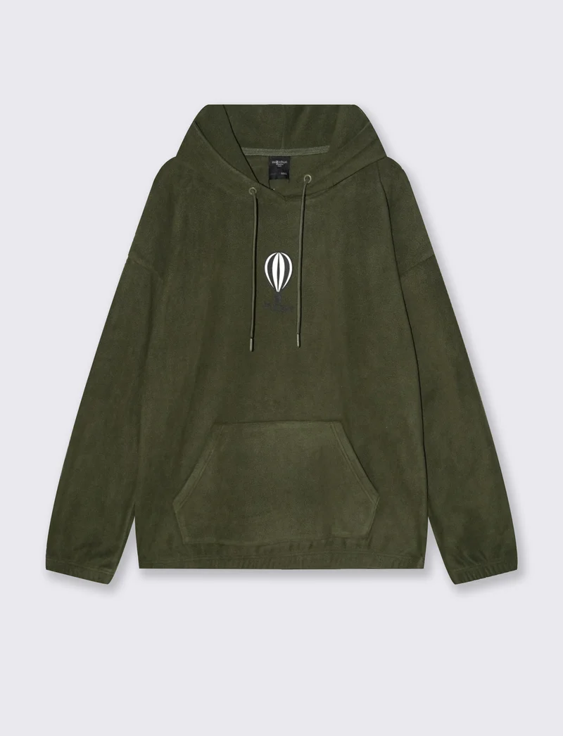 FELPA CON CAPPUCCIO IN PILE - Verde militare