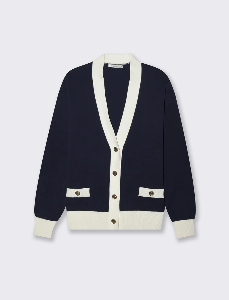 Cardigan Manica Lunga con Bordi Contrastanti - Blu