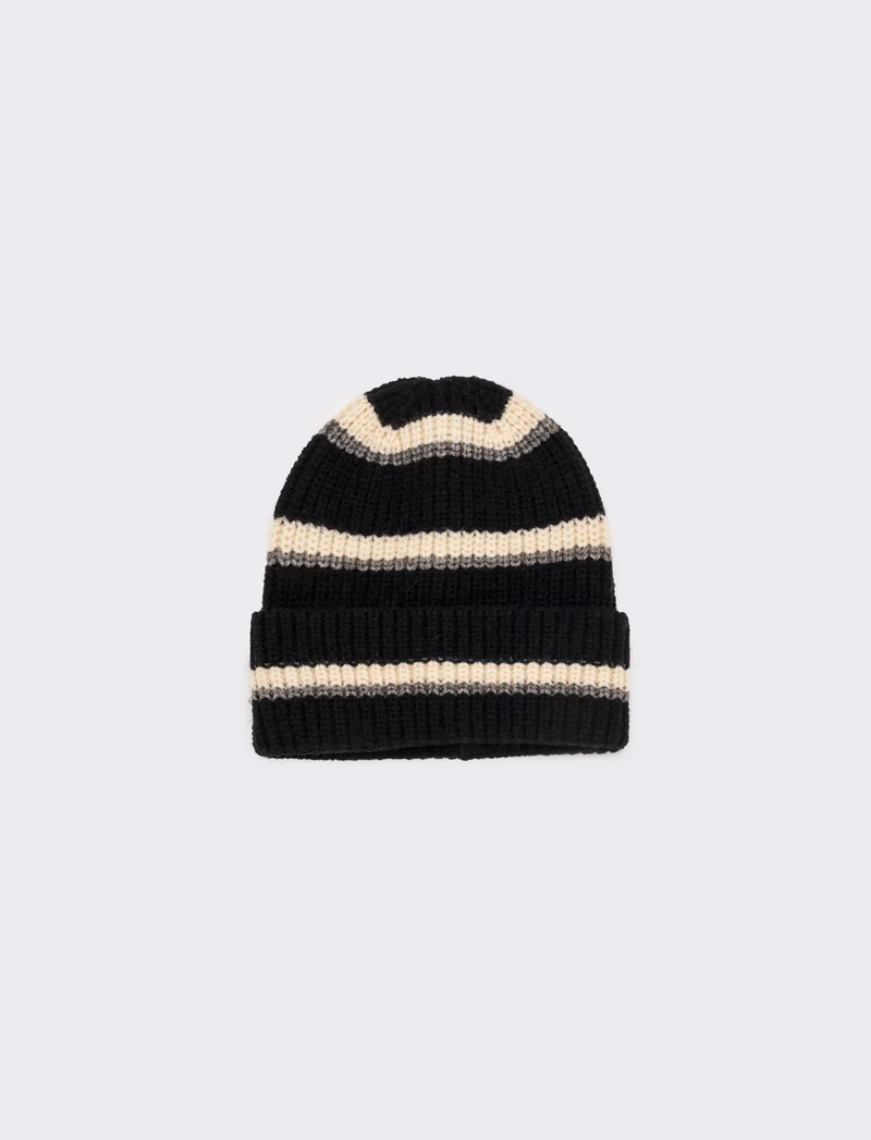 Cappello a righe con risvolto in maglia - Nero