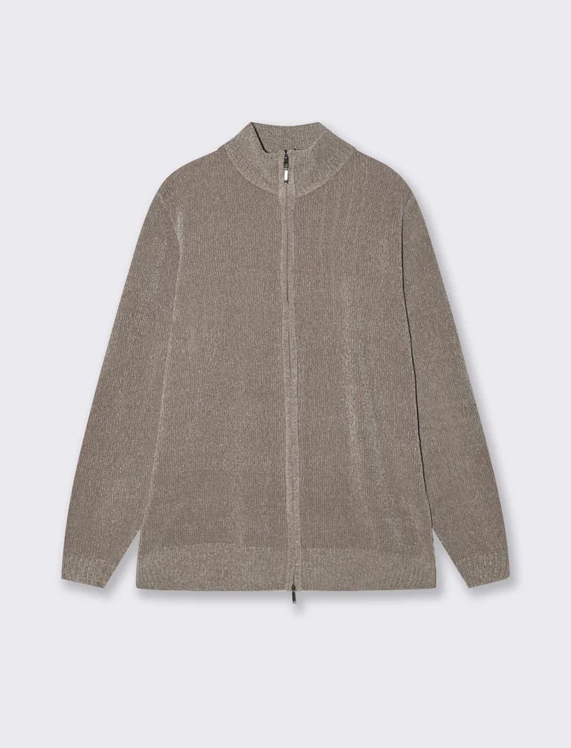 CARDIGAN IN CINIGLIA COLLO ALTO CON CERNIERA. - Beige