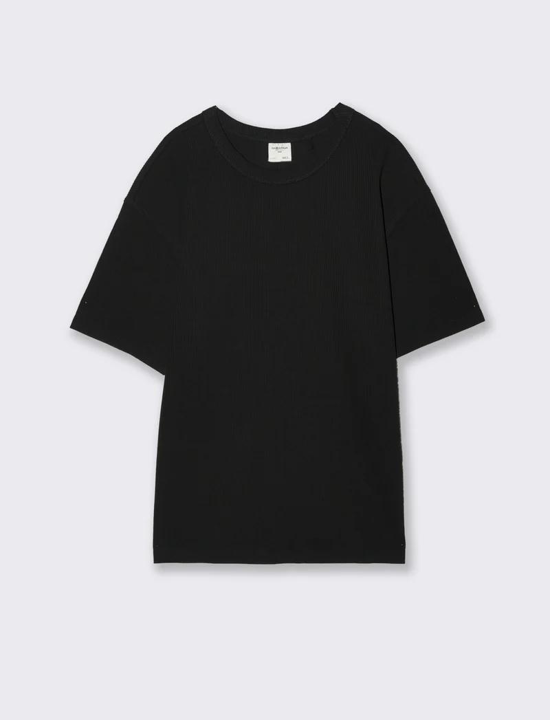 T-shirt girocollo in cotone a coste - Nero