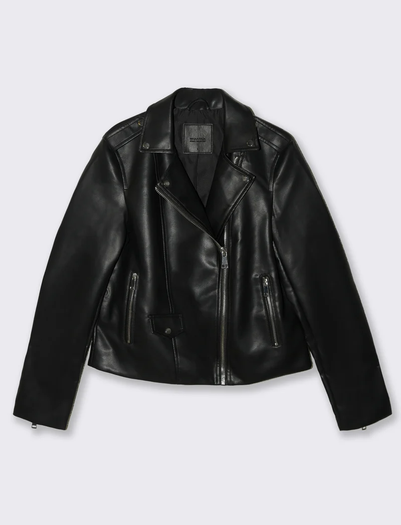 Giubbotto Biker in Tessuto Pelle - Nero
