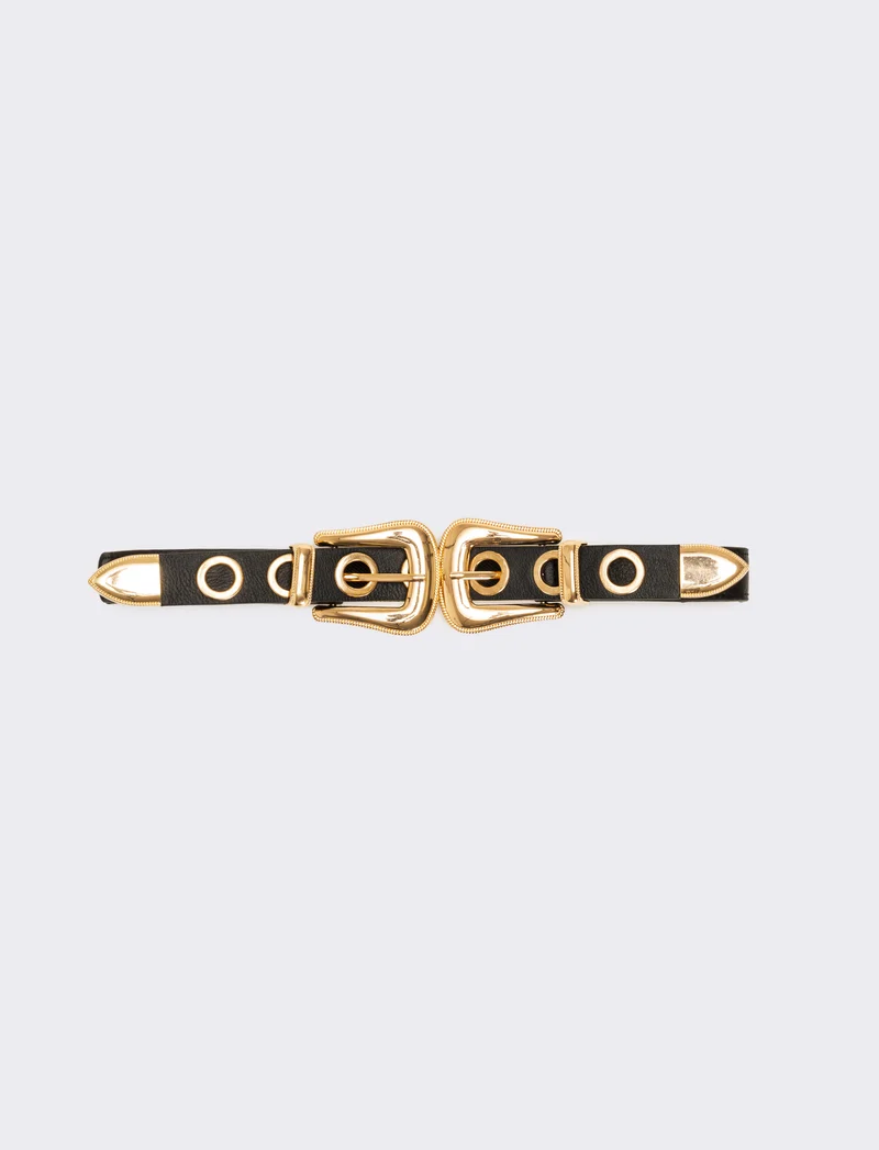 Cintura donna elastica doppia fibbia e occhielli metallo - Nero-oro