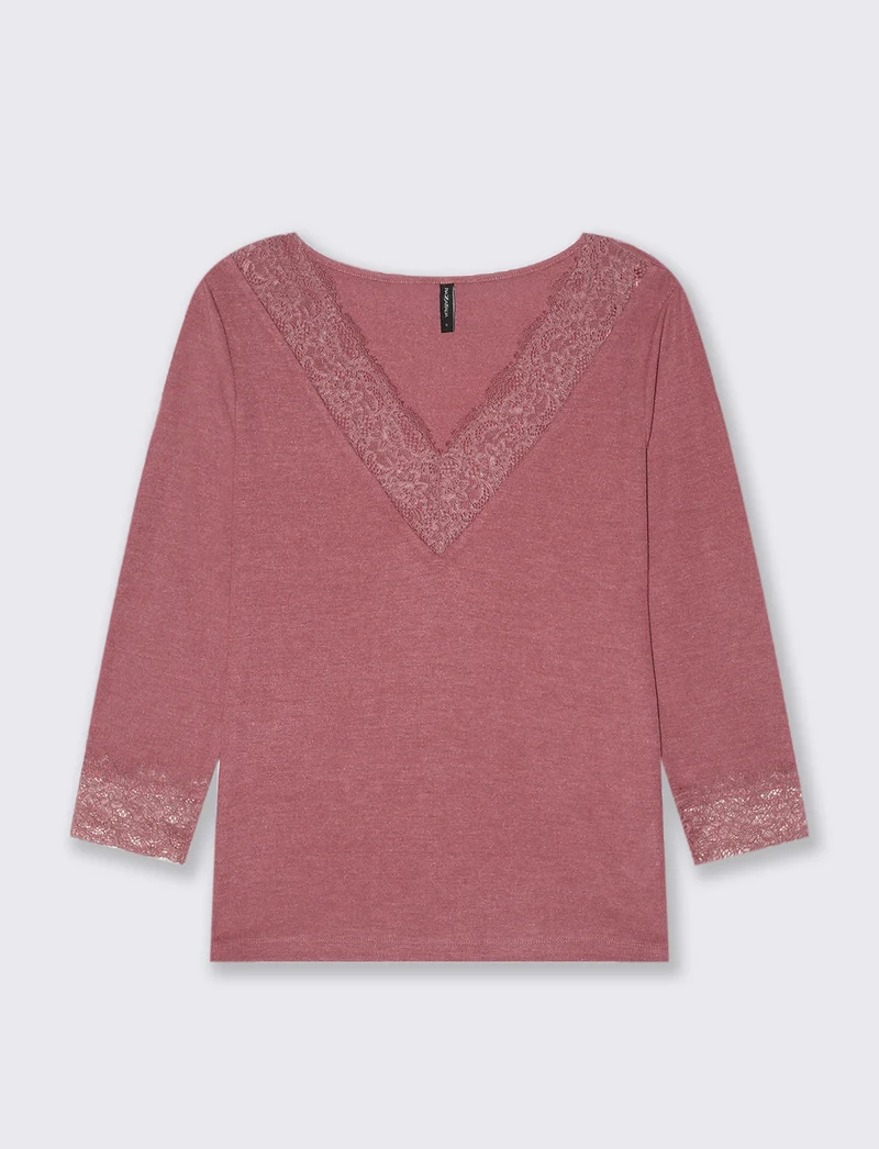 T-SHIRT CON PIZZO - Rosso mattone