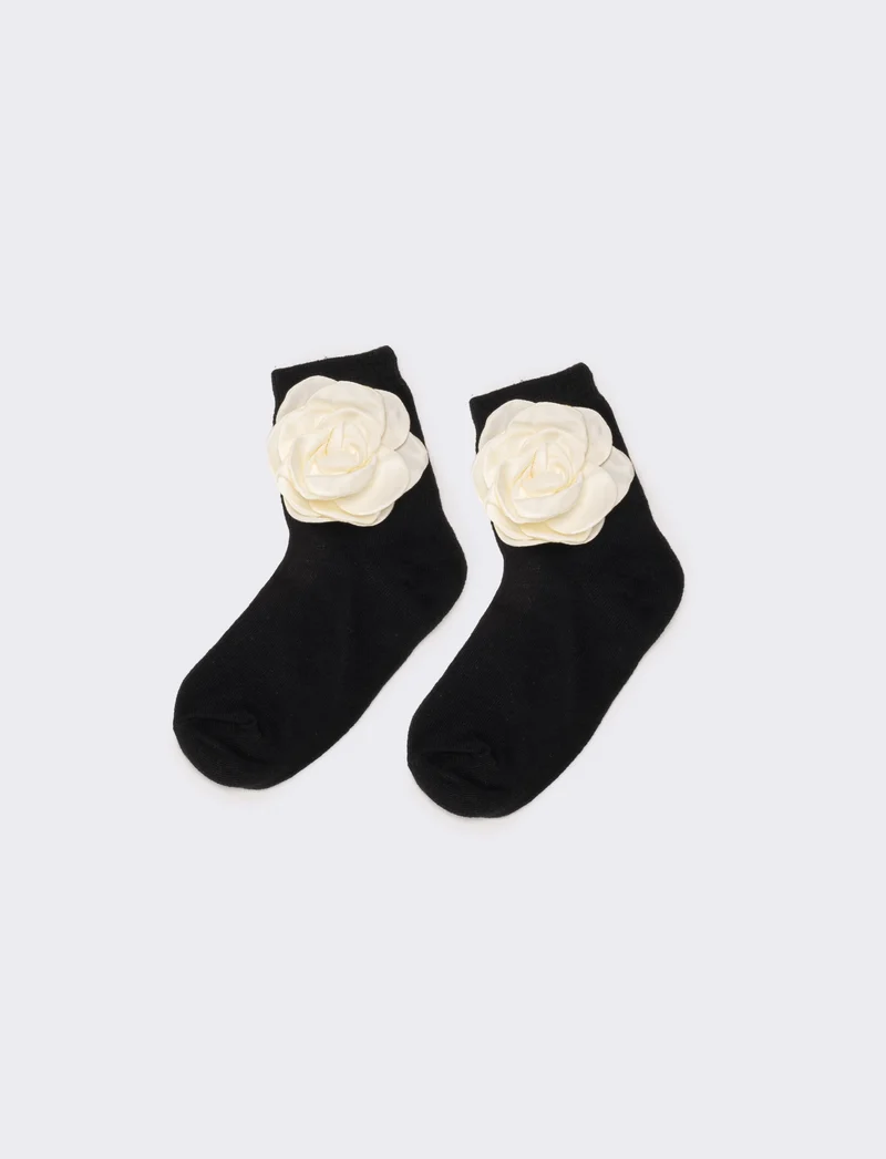 Calzino bambina con fiore - Nero