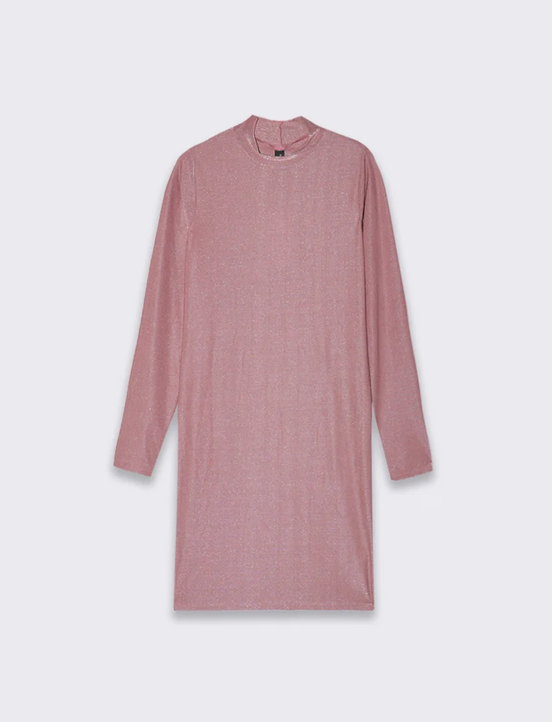 Vestito corto a tubino manica lunga con mezzo collo ad effetto ruches - Rosa