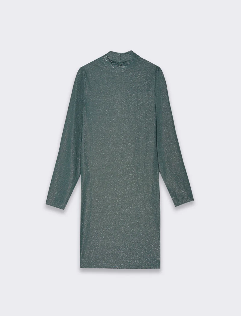 Vestito corto a tubino manica lunga con mezzo collo ad effetto ruches - Verde scuro
