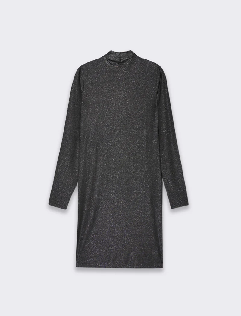 Vestito corto a tubino manica lunga con mezzo collo ad effetto ruches - Nero