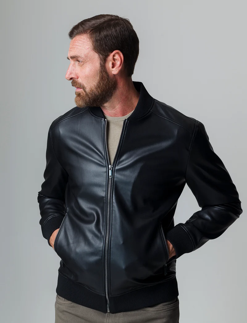 Giubbotto bomber effetto pelle da uomo - Nero