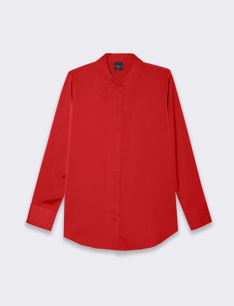 Camicia manica lunga in satin con strass da donna - Rosso
