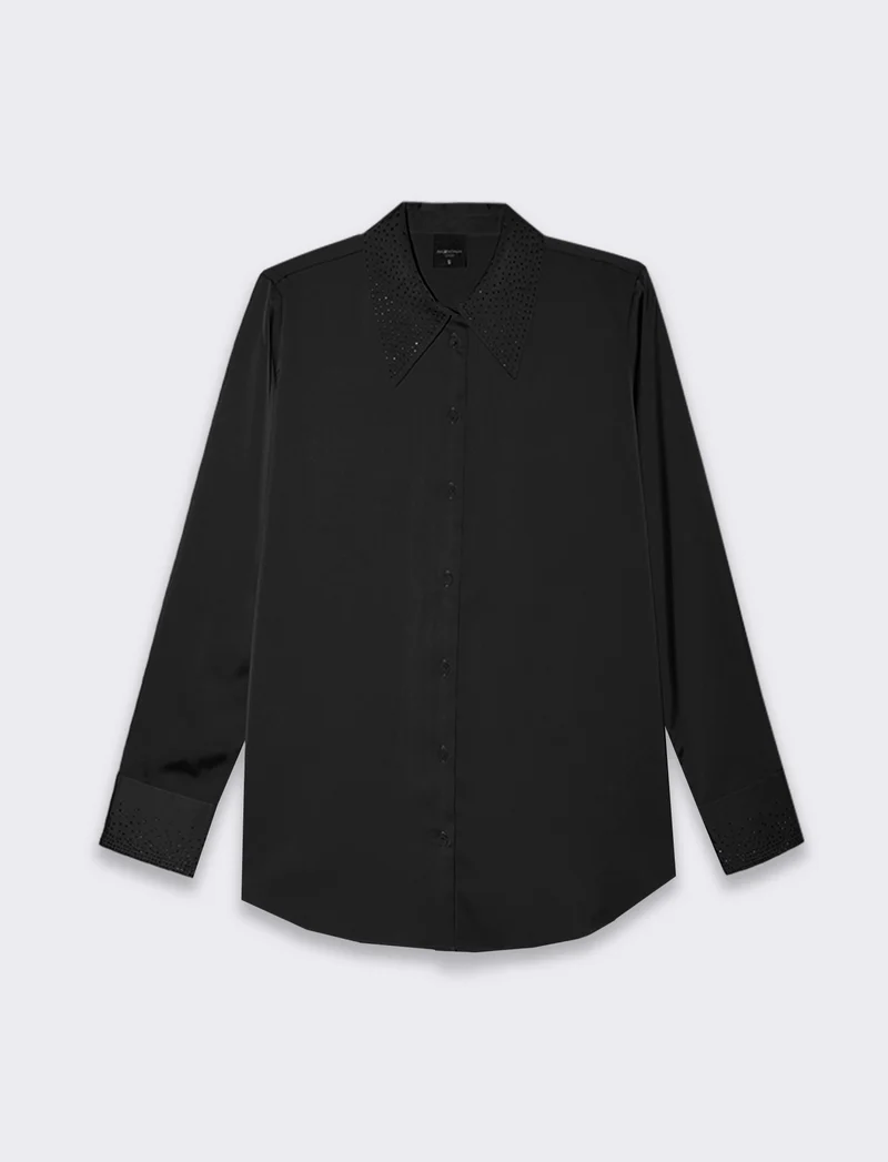 Camicia manica lunga in satin con strass da donna - Nero