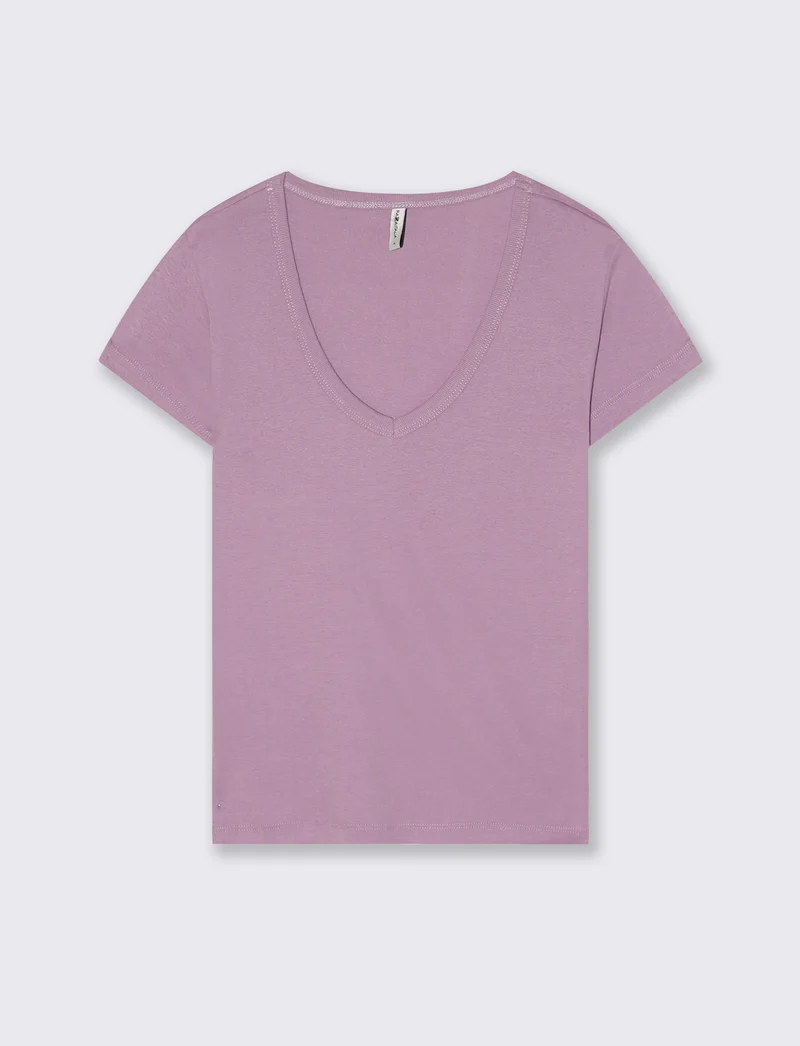 T-Shirt Basic Scollo a V e Coste - Viola glicine
