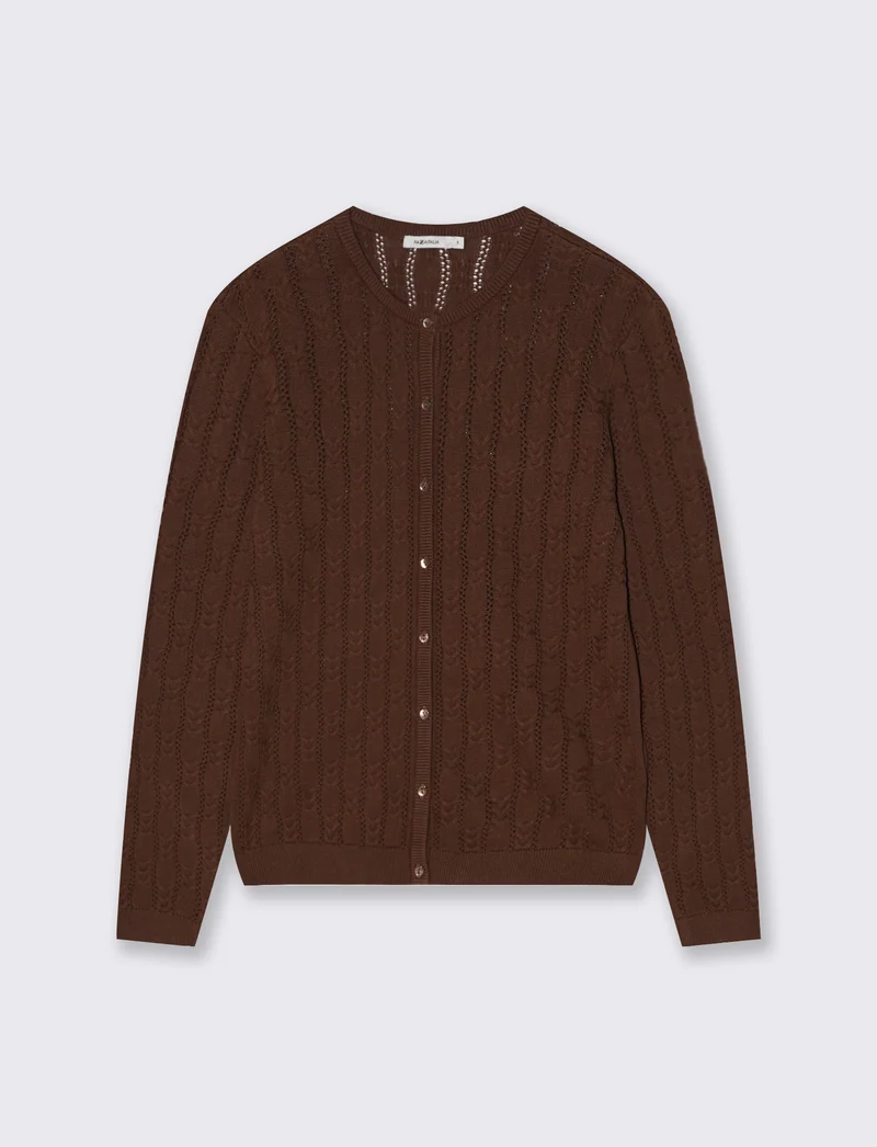 Cardigan Girocollo a Treccia - Marrone