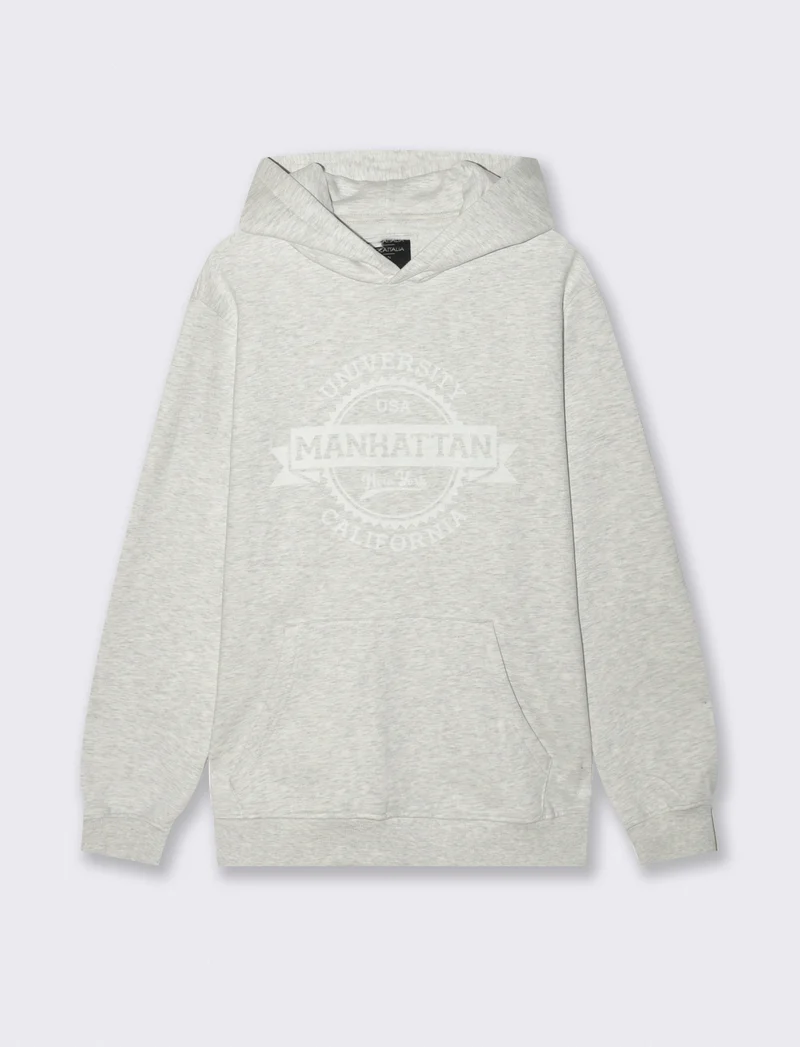 FELPA CON CAPPUCCIO CON STAMPA FLOCK - Grigio mel.