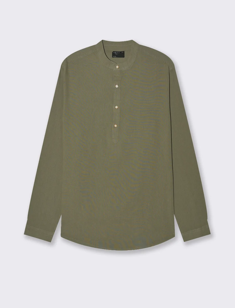 Camicia a casacca misto lino da uomo - Verde militare