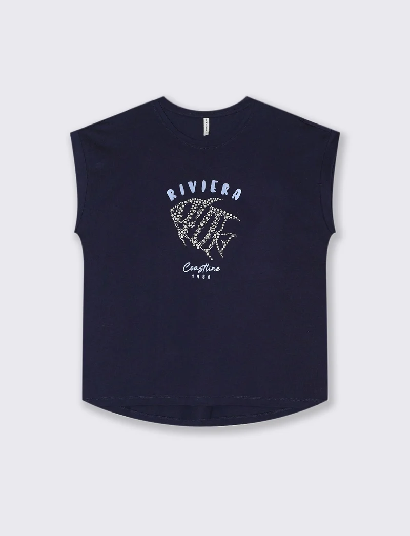 T-shirt con stampa e perline da donna - Blu