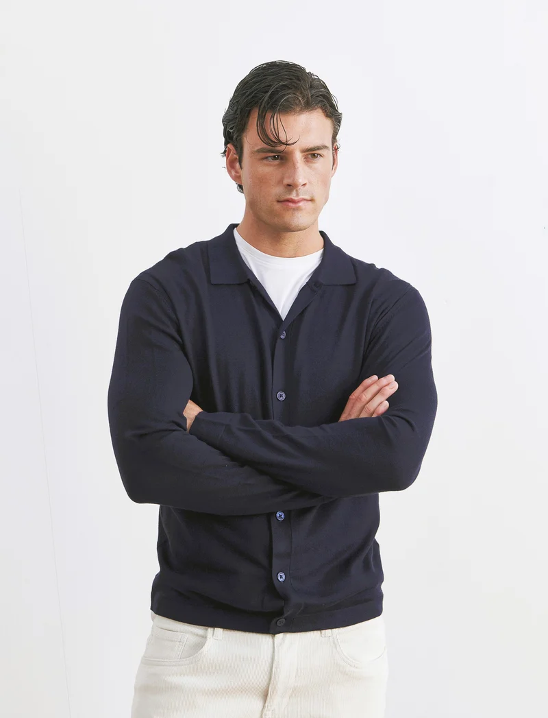 MAGLIA IN MISTO VISCOSA MODELLO POLO CARDIGAN - Blu