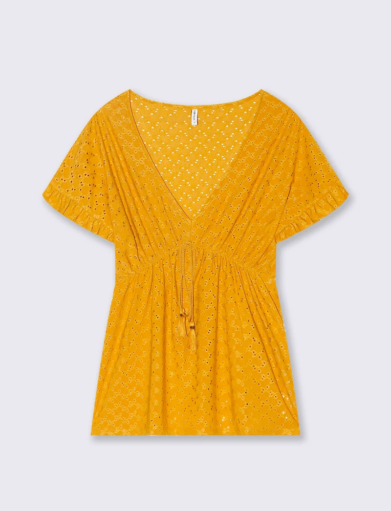 T-shirt in pizzo con elastico in vita da donna - Senape