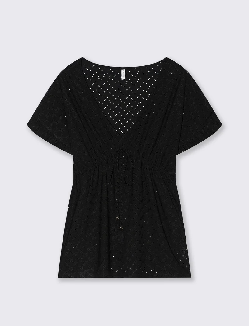 T-shirt in pizzo con elastico in vita da donna - Nero