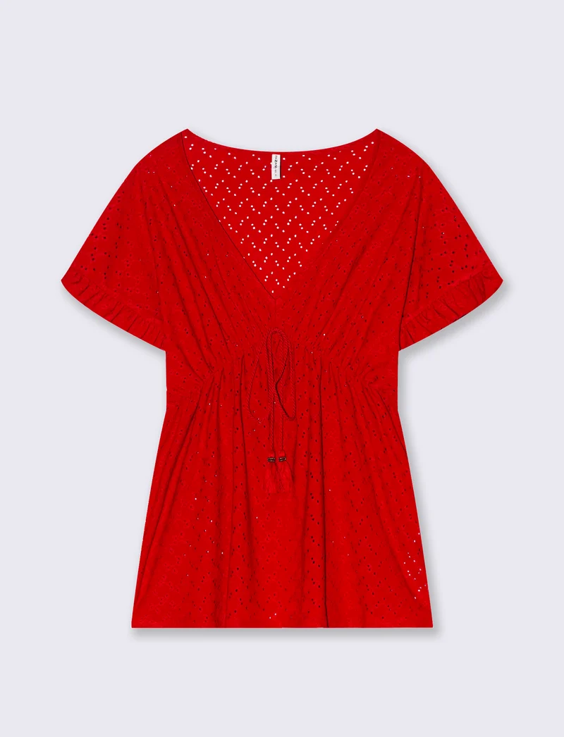 T-shirt in pizzo con elastico in vita da donna - Rosso scarlatto