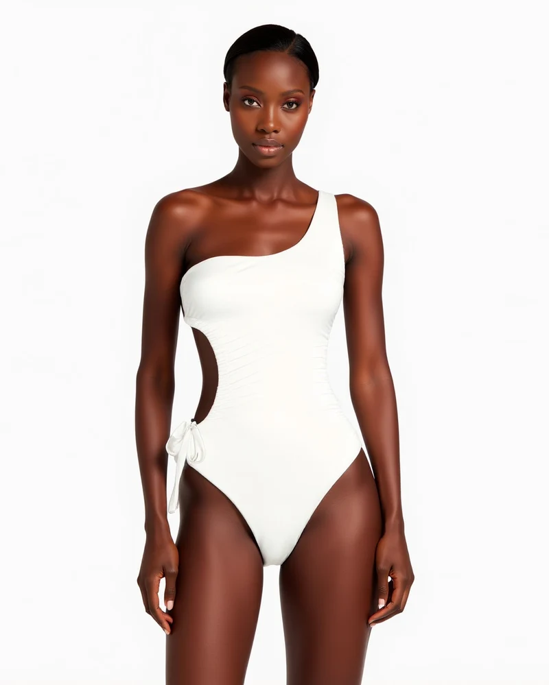 Costume intero monospalla con arriccio laterale - Bianco sporco