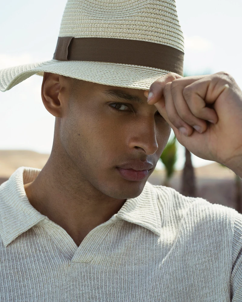 Cappello uomo a falda larga con bandana - Beige