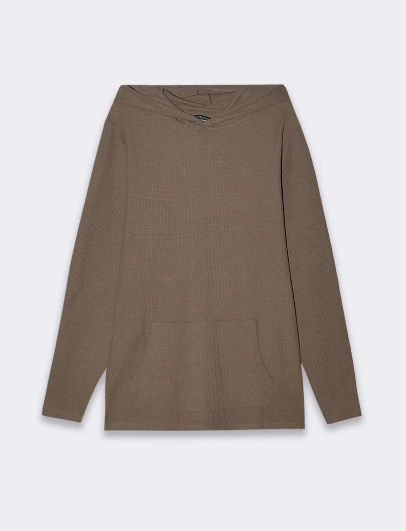 Maglia con cappuccio e marsupio struttura waffel da uomo - Grigio fango
