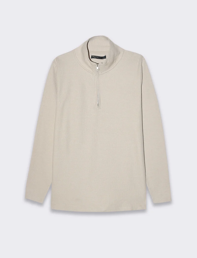 Maglia mezzo collo zip struttura waffel da uomo - Verde kaki