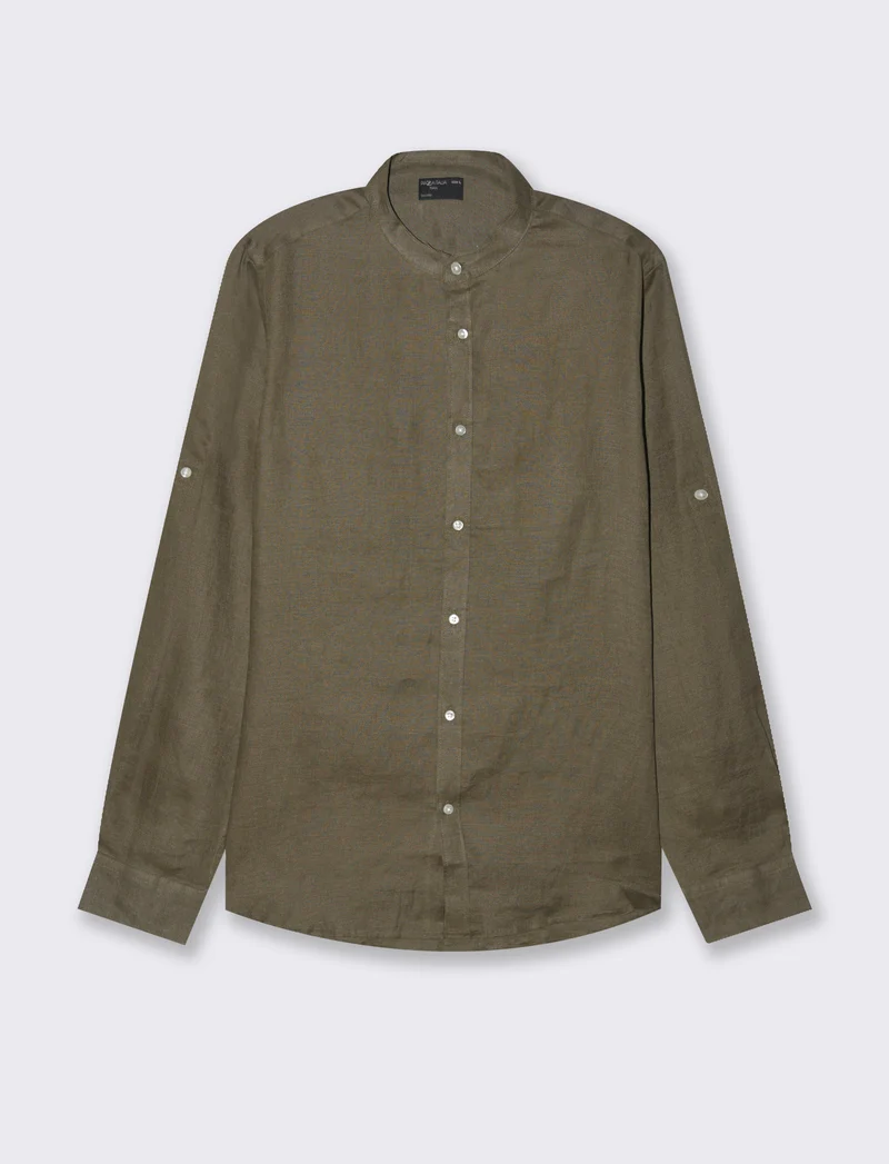 Camicia coreana 100% lino da uomo - Verde kaki