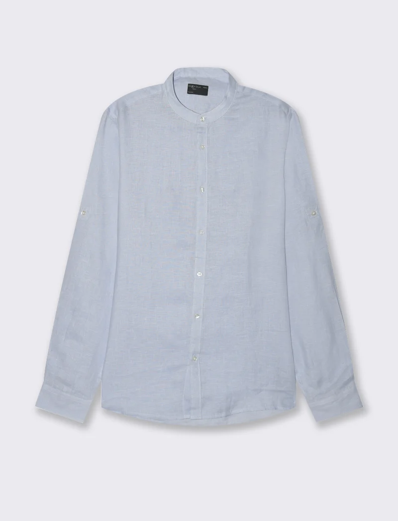 Camicia coreana 100% lino da uomo - Celeste polvere