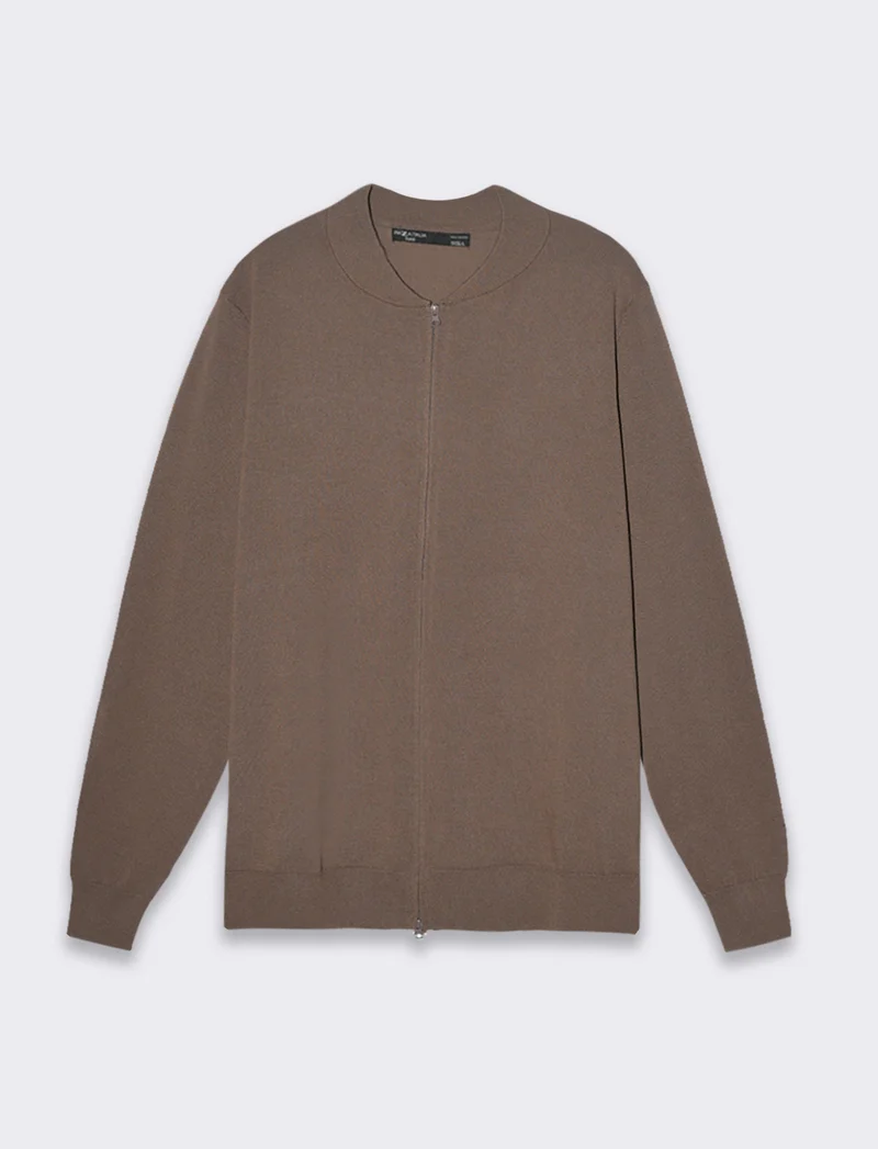 Maglia cardigan collo bomber in filato premium da uomo - Grigio fango