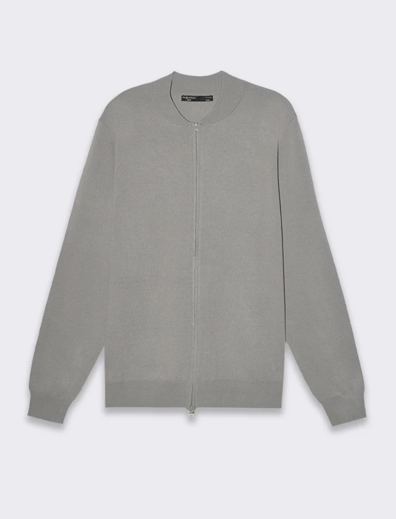 Maglia cardigan collo bomber in filato premium da uomo - Grigio